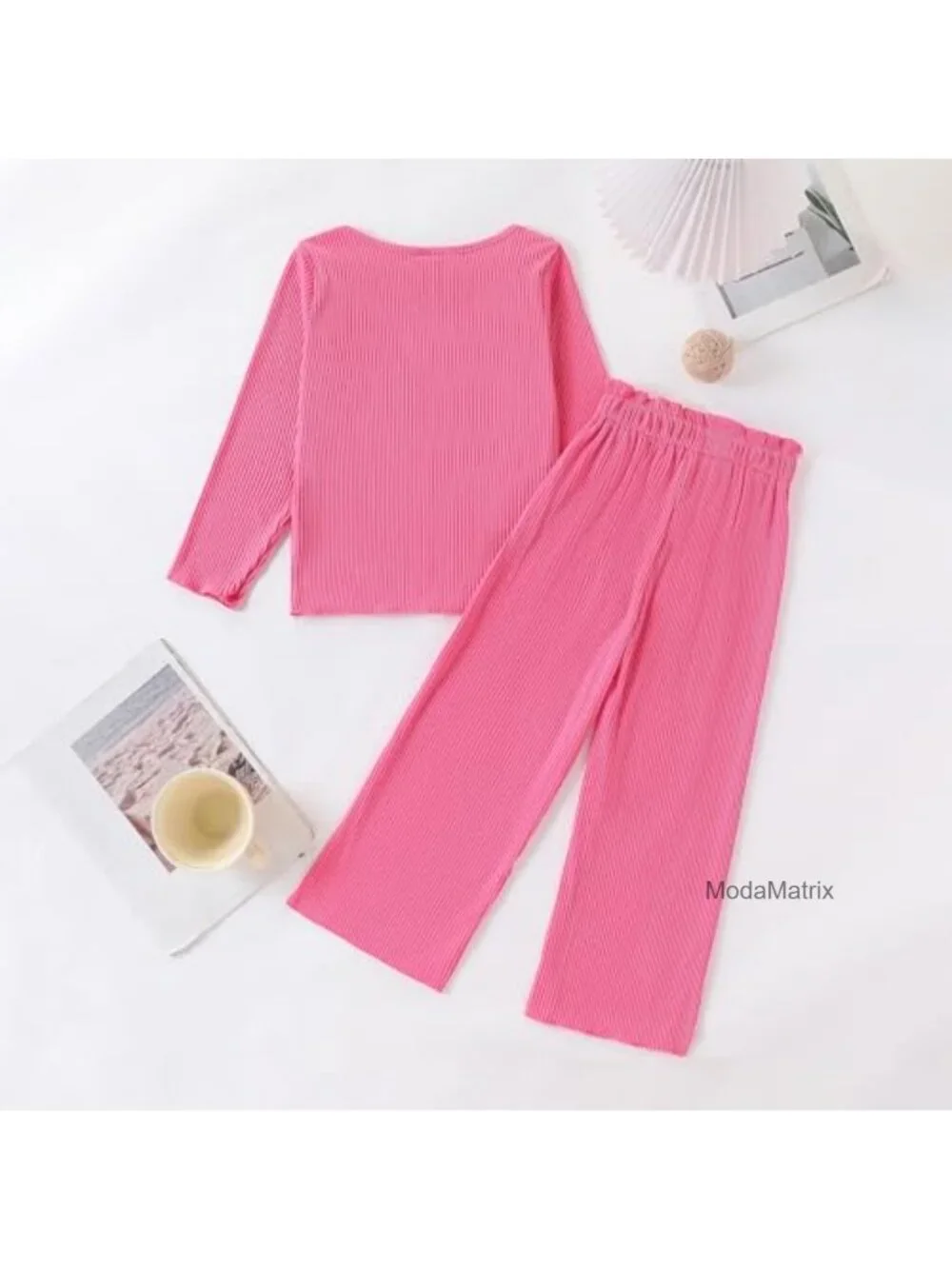 Girls Ribbed Long Sleeve Top and Wide Leg Pants Set 4-7T